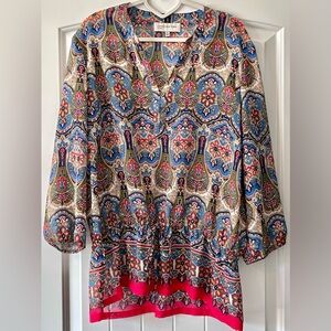 Jones New York Multicolor Paisley Print Long Sleeve Blouse with Pink Trim